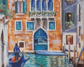Mini pintura al óleo Venecia Italia. Decoración de restaurante, pintura de cafetería. Gran Canal, Góndola. Pintura de paisaje urbano. Óleo sobre lienzo