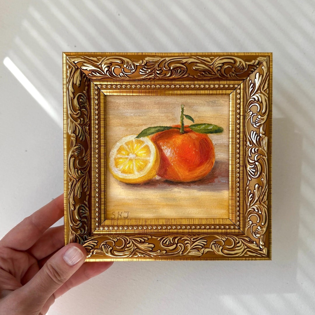 オレンジ、レモンの油絵 - 柑橘類のアート。フルーツの絵画、小さな