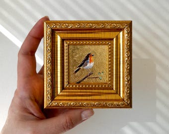 Robin Miniature oil Painting framed original 2x2 with gold leaf Tiny painting Robin art Original oil painting Small kitchen bird art