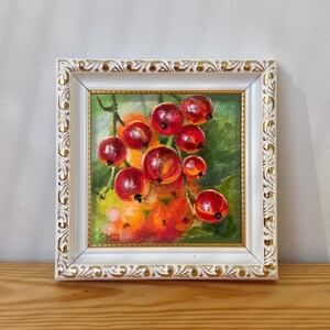 Pintura a óleo de groselha vermelha, arte com frutas vermelhas para decoração de cozinha, pequena natureza morta original com frutas, emoldurada, Cutecore