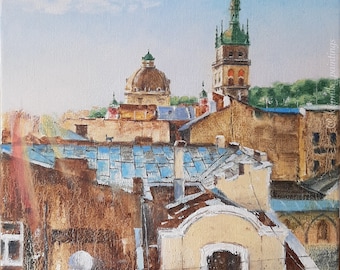 Oil painting. Roofs of Lviv, Square painting. Cityscape. Mini painting