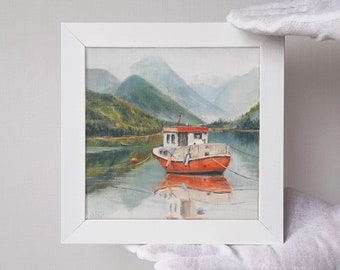 Peinture à l’huile originale Paysage de Norvège. Décor de café. Paysage de montagne. Bateau sur l'eau calme du lac. Mini peinture à l'huile. Peinture de café
