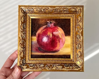 Pomegranate oil painting, fruit painting, still life Small kitchen art, Original oil painting framed, Mini painting bold Red Pomegranate art
