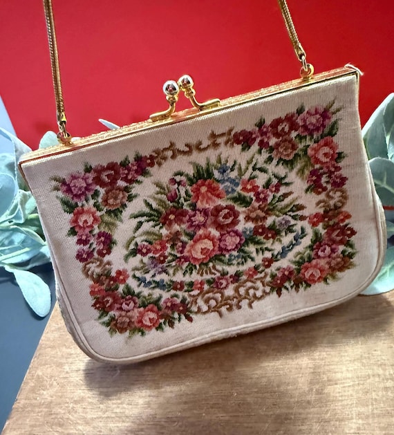 Vintage Needlepoint Floral Tapestry small evening purse