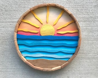 Sunrise Wooden Round - Wooden Wave Round - Reclaimed Wood Art - Wood Wall Art - Handmade Wave Decor - Wave Wall Art - Reclaimed Wood Round