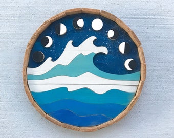 Wood Wave Round - Moon Phase Wave Round - Wooden Wave Round - Reclaimed Wood Art - Wood Wall Art - Handmade Wave Decor - Wave Wall Art