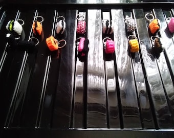 Knitted Liquorice Key rings, cake key rings, chick key ringsKnitted toys.