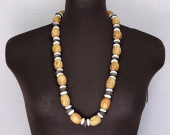 Wood necklace Wooden bead necklace Horn necklace African necklace Natural jewelry White bone black coco wood beads Chunky statement necklace