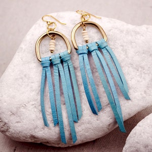 Fringe earrings Leather earrings Leather tassel earrings Long tassel earrings Turquoise earrings Leather fringe earrings Brass earrings Boho