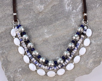 Sodalite necklace Blue stone necklace Multistrand necklace Leather necklace Mother of pearl necklace Necklaces for women Statement necklace