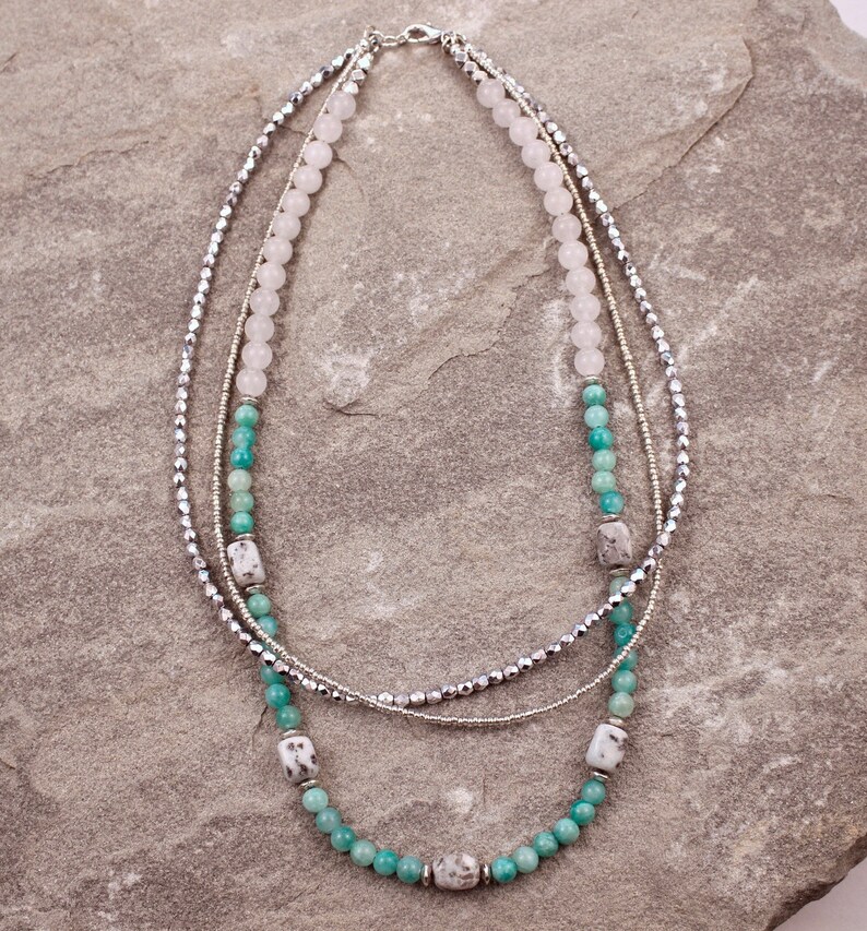 Multistrand Seed Bead Gemstone Necklace, Layered Silver Beaded