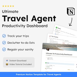 Notion Template for Travel Agents - Productivity Dashboard, Trip Tracker, Tasks Manager, and Social Media Planner Included