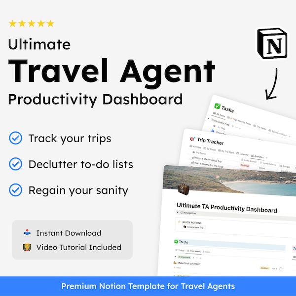 Notion Template for Travel Agents - Productivity Dashboard, Trip Tracker, Tasks Manager, and Social Media Planner Included