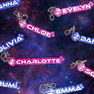 Może przedstawiać: Breloki z imionami takimi jak Ivanna, Olivia i Charlotte w białych literach. Breloki są w kolorze różowym i niebieskim, z motywem w kształcie klucza i srebrnym zapięciem. Tło to galaktyka fioletu, błękitu i bieli.