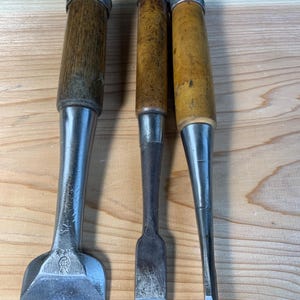 May include: Three wood chisels with cylindrical wooden handles and metal ferrules. The left chisel has a wide, flat blade, the middle chisel has a medium-width flat blade, and the right chisel has a narrow, flat blade. All have metallic shafts.