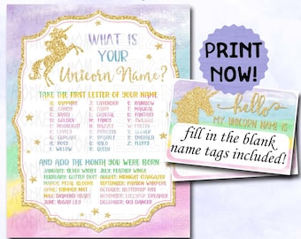 Unicorn Party Games Sign, Unicorn Name INSTANT DOWNLOAD Game PRINTABLES include Name Label Tags, Birthday Party Decorations, Rainbow Party