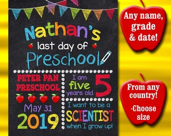 May include: A printable last day of preschool sign with a chalkboard background. The sign is decorated with colorful flags, apples, and a large number 5. The text on the sign reads "Nathan's last day of preschool", "Peter Pan Preschool", "I am five years old", "May 31, 2019", "I want to be a scientist when I grow up!"