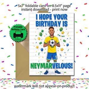 May include: A 12.7x17.8 cm foldable birthday card featuring a cartoon illustration of a football player in a yellow and blue kit holding a football. The text reads I HOPE YOUR BIRTHDAY IS NEYMARVELOUS! surrounded by colourful confetti and balloons.