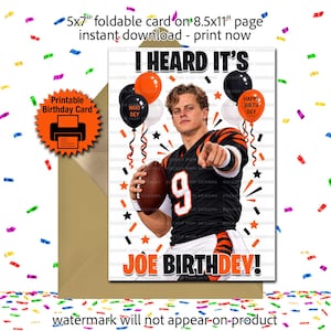 May include: A 12.7x17.8 cm foldable birthday card featuring a football player in a black and orange jersey with the number 9, holding a football. The text reads I HEARD IT'S WHO DEY BIRTHDEY, surrounded by black, white, and orange balloons and confetti.