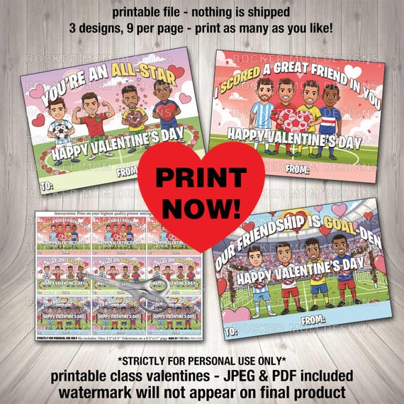 Neymar, Messi, Ronaldo, Mbappé, Soccer Valentines, PRINTABLE Soccer Valentines, Miami, Portugal, Brazil, France, Fútbol FC Valentine Cards