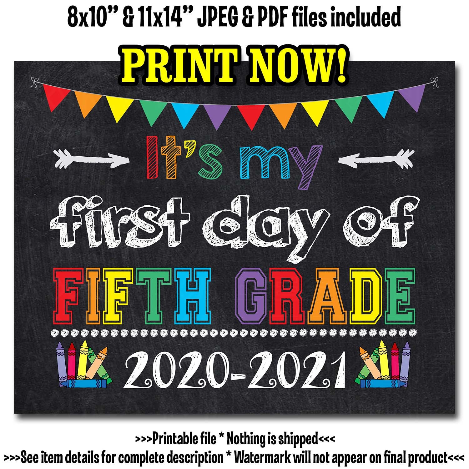 First Day of 5th Grade Sign First Day of School Sign Etsy