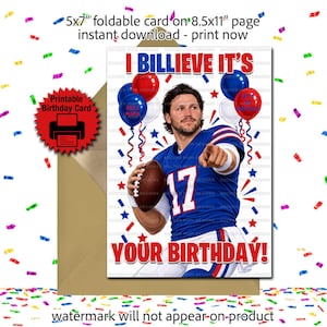 Op de afbeelding: Een 12,7x17,8 cm opvouwbare verjaardagskaart met een footballspeler in een blauw shirt met nummer 17, die een football vasthoudt. De tekst luidt I BILLIE IT'S YOUR BIRTHDAY! omringd door rode, witte en blauwe ballonnen en confetti-afbeeldingen.