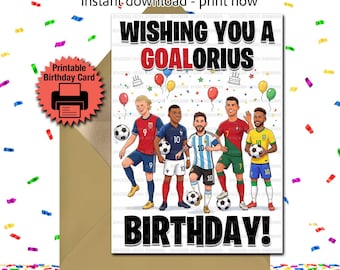 サッカースターの誕生日カード、サッカー誕生日カード、印刷可能な誕生日カード、サッカーオールスターカード、メッシ、エムバペ、ロナウド、ネイマール、ハーランド