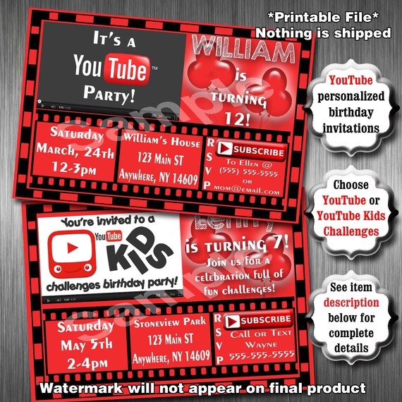  YouTube  Birthday  Party  Invitations Printable Invitation