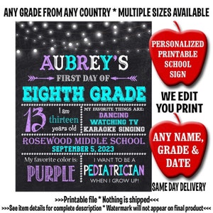 First Day Of School Sign, Back To School Sign, High School, Middle School, Chalkboard Sign, Printable School Sign, Girl, Pre-K, Kindergarten