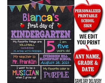 Personalized First Day of School Chalkboard Sign (Printable Sign)