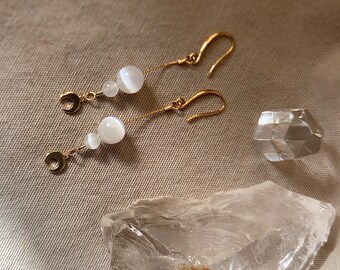 Selene Earrings, Quartz Earrings, Handmade Earrings, Crystal Jewelry, Moon Earrings, 14k Gold Fille, Selenite