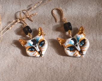 Bastet Divine Feline, Cat Earrings, Smoky Quartz, Dangle earrings, Polymer Clay, Polymer Clay Art, Wearable Art, Handmade Earrings