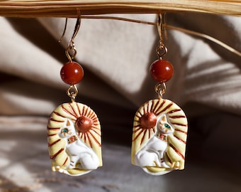Feline Goddess, Sunrise, Carnelian Stone, Cat Earrings, Dangle earrings, Polymer Clay, Sun Earrings, Egyptian, Handmade Earrings