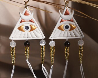 Eye of Horus Earrings, All Seeing Eye Earrings, Drop Earrings, evil eye earrings, Polymer Clay, Handmade Earrings, Crystal Jewelry