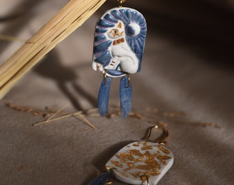 Feline Goddess, Night Sky, Blue Kyanite, Cat Earrings, Dangle earrings, Polymer Clay, Moon Earrings, Handmade Earrings