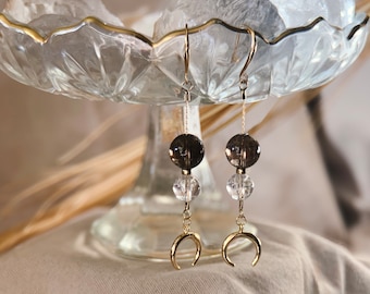 Lunula Earrings, Smoky Quartz, Clear Quartz, Quartz Earrings, Handmade Earrings, Crystal Jewelry, Moon Earrings, 14k Gold Filled