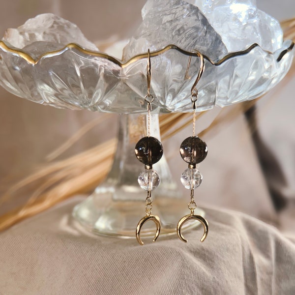 Lunula Earrings, Smoky Quartz, Clear Quartz, Quartz Earrings, Handmade Earrings, Crystal Jewelry, Moon Earrings, 14k Gold Filled