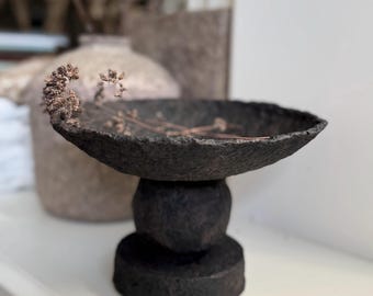 Handmade Paper Mâché Pedestal Bowl – Rustic Textured Black Decor