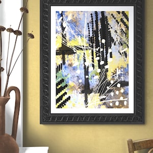 Modern Abstract Pastel Blue and Yellow Digital Instant Downloadable Art Print with Splashes of Black for Home and Office Walls