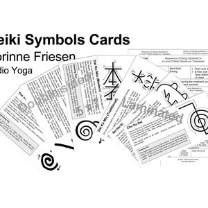 Peut inclure: Un ensemble de cartes plastifiées avec des illustrations en noir et blanc de symboles Reiki. Les cartes comprennent les noms des symboles, "Dai Ko Mio (Moderne)", "Dai Ko Mio (Traditionnel)", "Sei He Ki" et "Cho Ku Rei". Les cartes comprennent également des instructions pour dessiner les symboles et leurs utilisations dans les traitements Reiki.