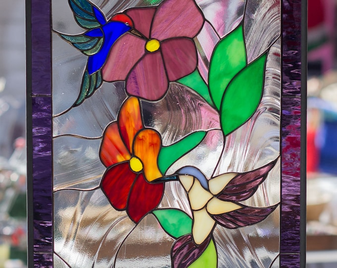 Stained Glass Hanging Window Panel 3 Hummingbirds Flower Garden Stain Art