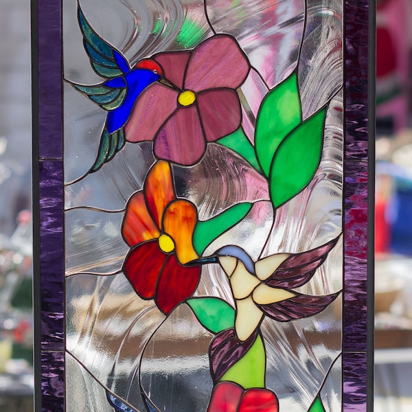 Tiffany Stained Glass Window 3 Hummingbirds Flower Garden Window Panel Stain Art