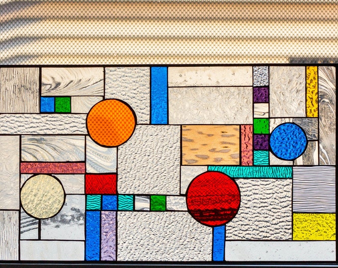 Stained Glass Tiffany Window Frank Lloyd Wright Abstract Geometric - Includes Card w/Envelope & Hanging Chain!
