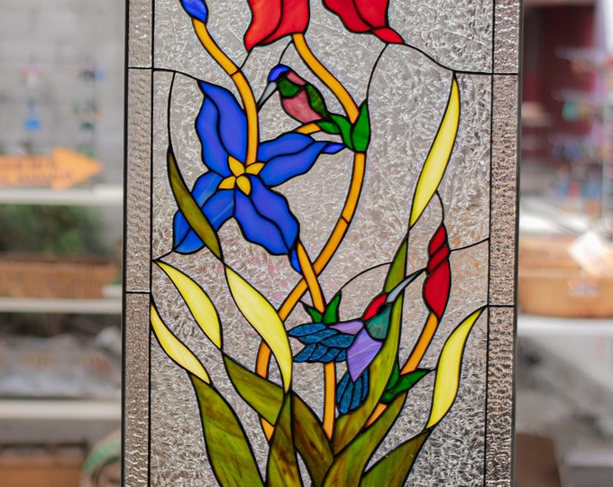 3 Humming Birds & Garden Flowers - Tiffany Style Hand Cut Stained Glass Window Panel #1 - 28 by 14 inch