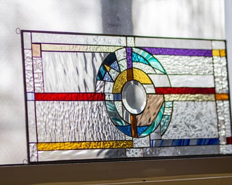 Sundial - Tiffany Stained Glass Window FLW Geometric Abstract Window Panel Suncatcher Beveled Center 24" by 11" inches. Chain Included