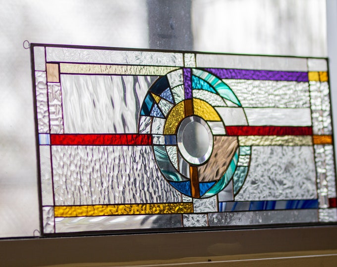 Stained Glass Hanging Panel FLW Geometric Abstract Window Panel Suncatcher Beveled Center 24" by 11" inches. Chain Included "THE SUNDIAL"