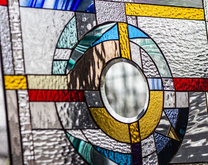 Tiffany Stained Glass Window Frank Lloyd Wright Abstract Window Panel Suncatcher Beveled Center 22" by 16" INCHES.