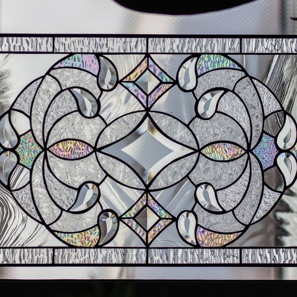 Tiffany Style Stained Glass Window Panel RV Clear Beveled Diamond - Horizontal and Vertical Loops, Card and Hanging Chain Included!