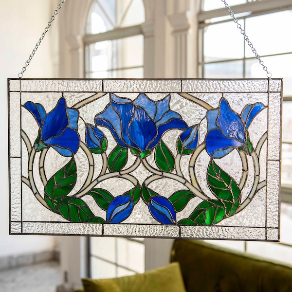 The Knightshayes Flowers - Handmade Tiffany Style Stained Glass Window Panel - Includes gift box w Card & Chain