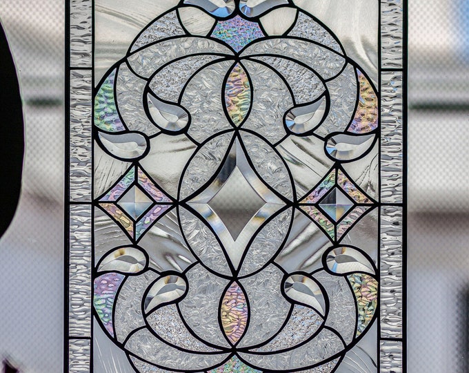 Stained Glass Window Tiffany Style Panel Clear Beveled - Horizontal and Vertical Loops, Card, Hngng Chain Included - The Victorian Diamond